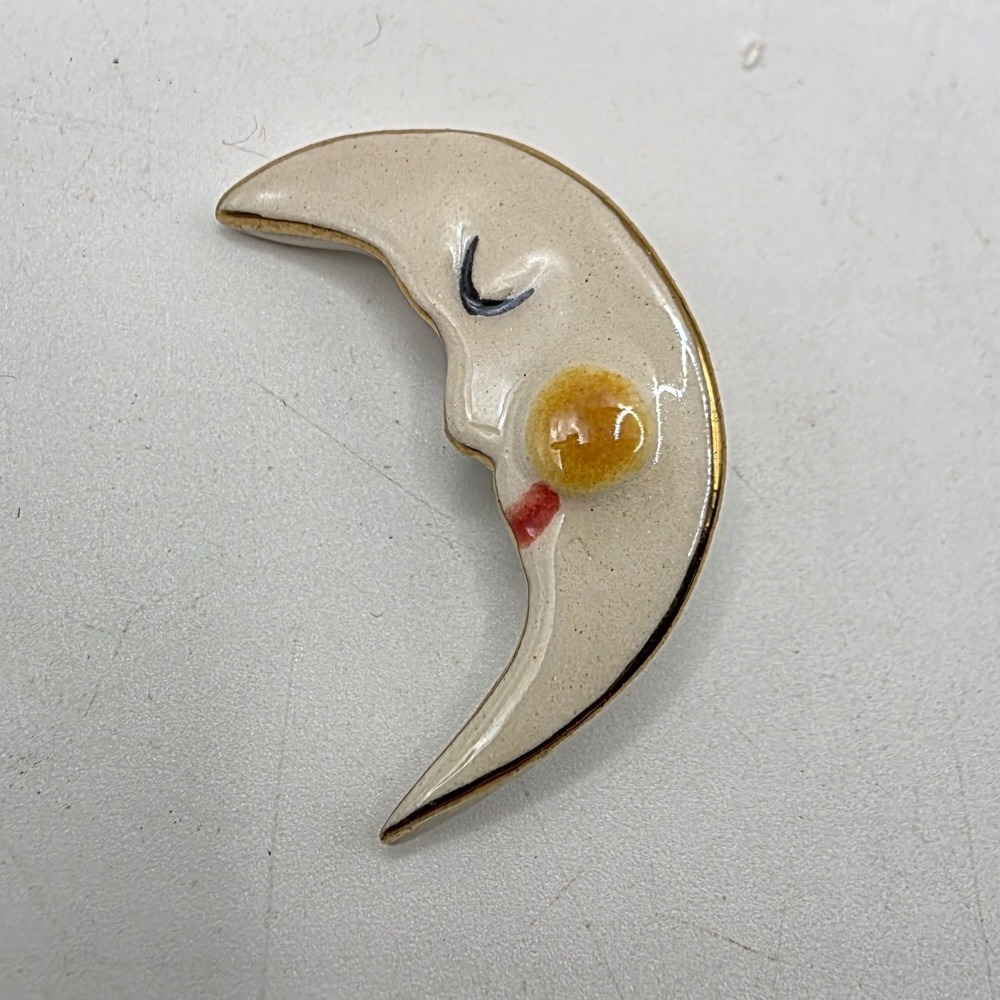 Vintage Whimsical Ceramic Crescent Moon Brooch Hand Painted Celestial Pin Cream